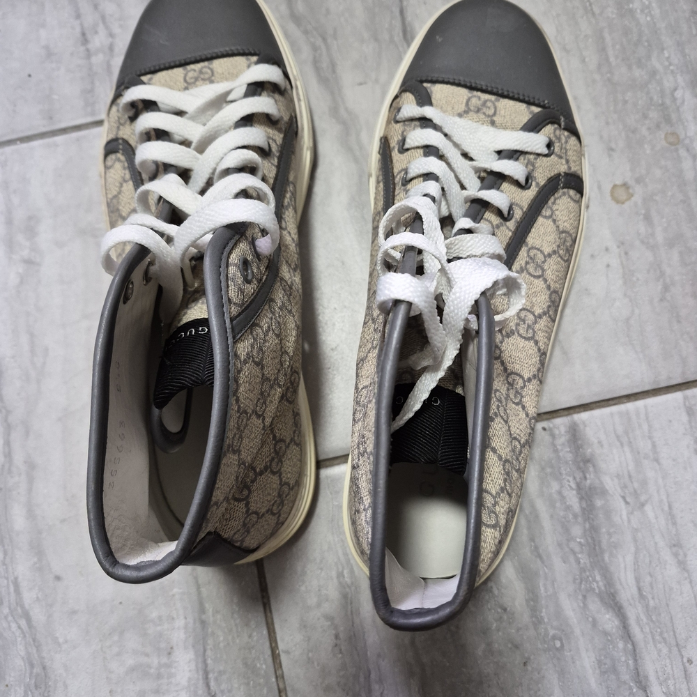 Gucci California Vit Ancona Monogram High-Top Sneakers Lace Up Gray Size 8